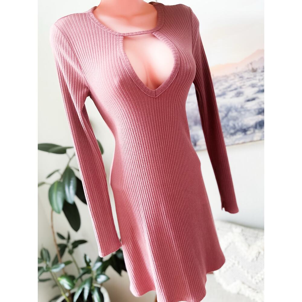 Whispers of Mauve Moonlight Ribbed Romance Cutout bodycon Sweater Mini Dress
